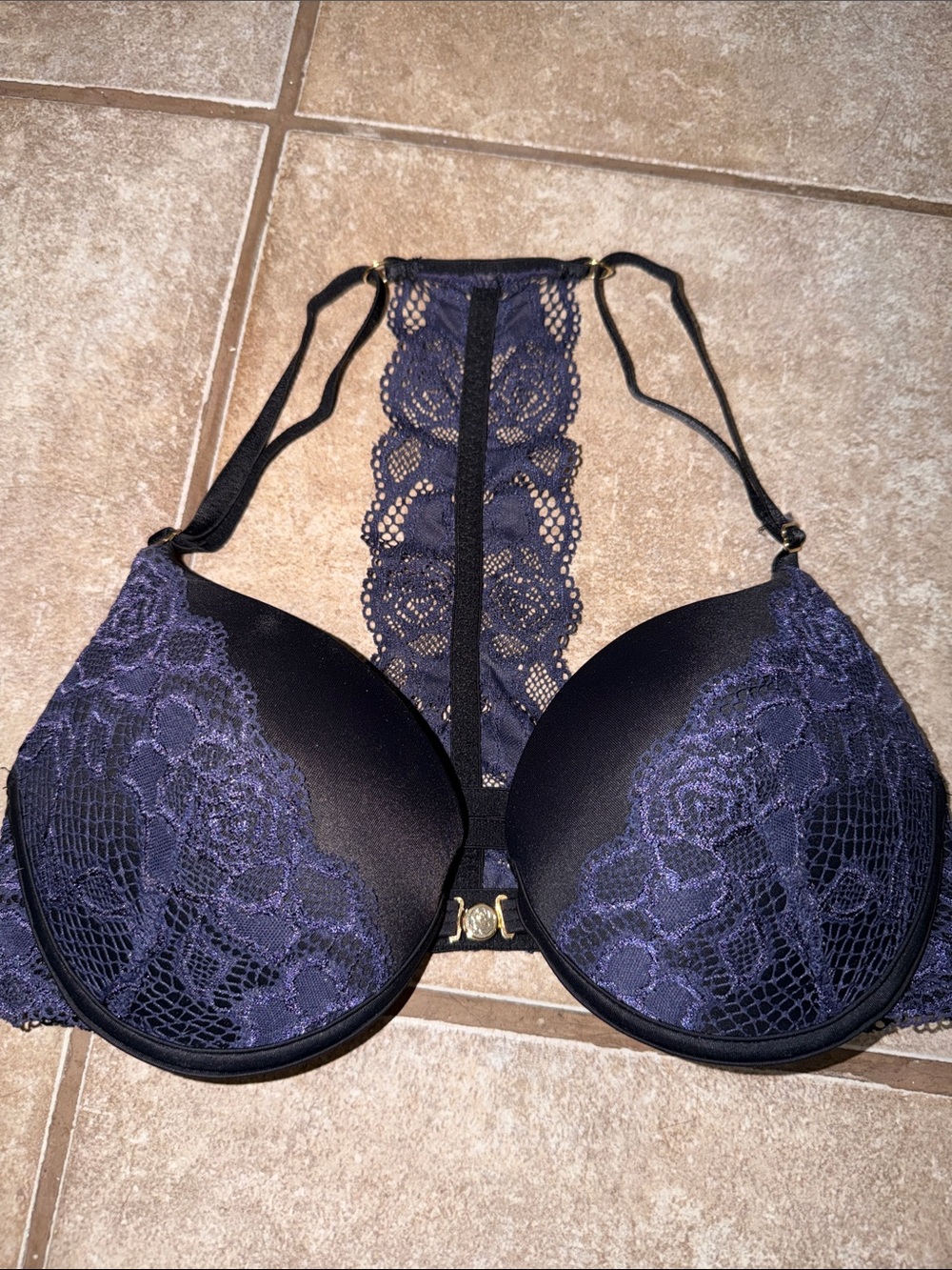 Lace Racerback Push-Up Bra in Deep Navy
